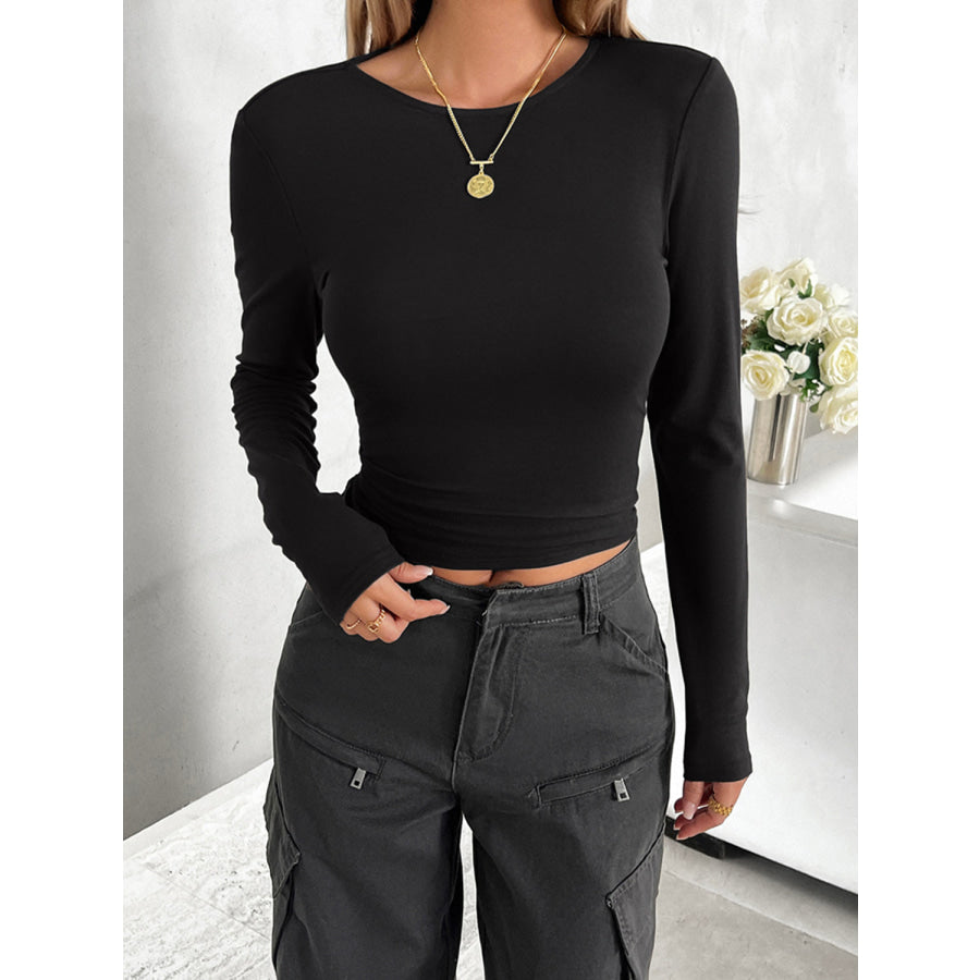 Round Neck Long Sleeve T-Shirt Black / S Apparel and Accessories