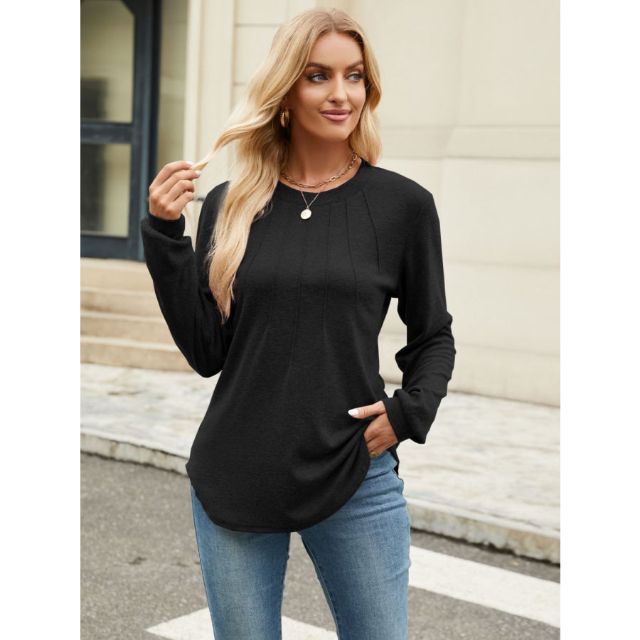 Round Neck Long Sleeve T-Shirt Black / S Apparel and Accessories