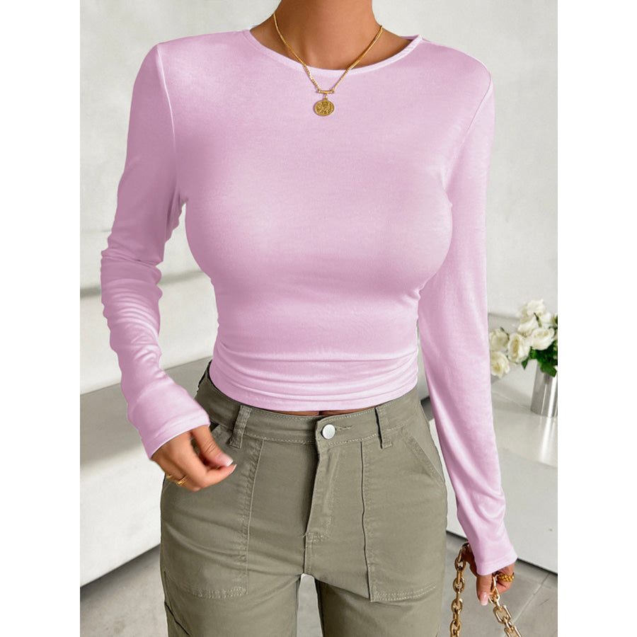 Round Neck Long Sleeve T-Shirt Blush Pink / S Apparel and Accessories