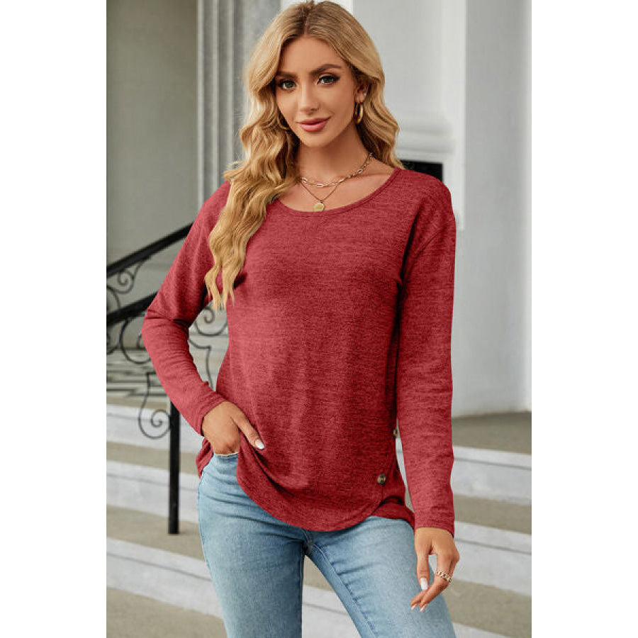Round Neck Long Sleeve T - Shirt Brick Red / S Apparel and Accessories