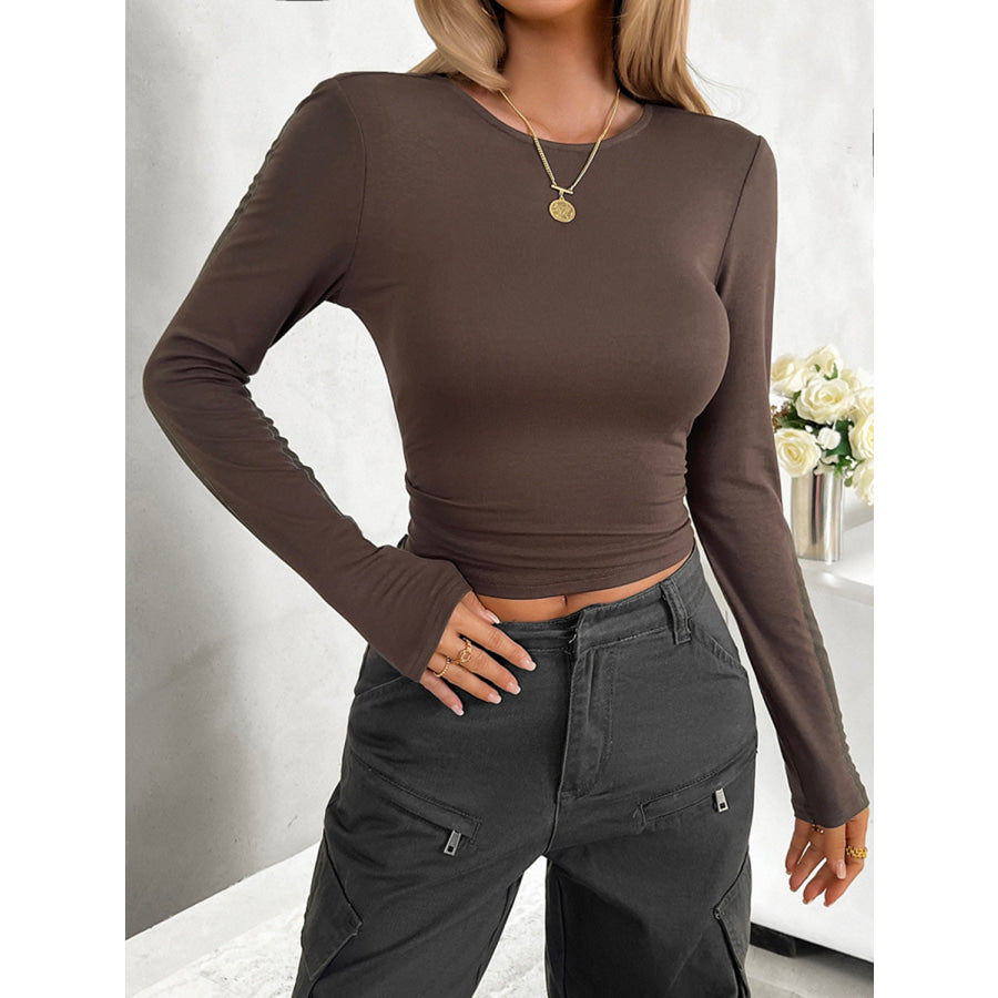Round Neck Long Sleeve T-Shirt Brown / S Apparel and Accessories