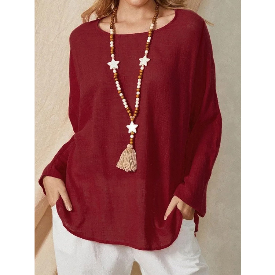 Round Neck Long Sleeve T-Shirt Burgundy / S Apparel and Accessories