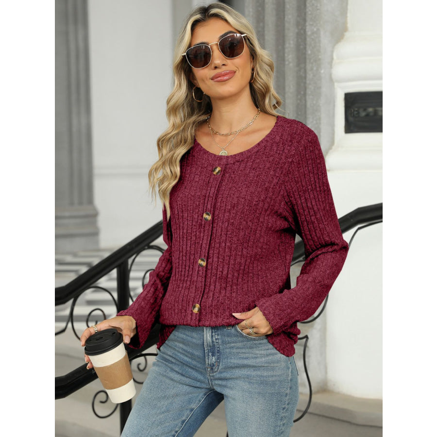 Round Neck Long Sleeve T-Shirt Burgundy / S Apparel and Accessories