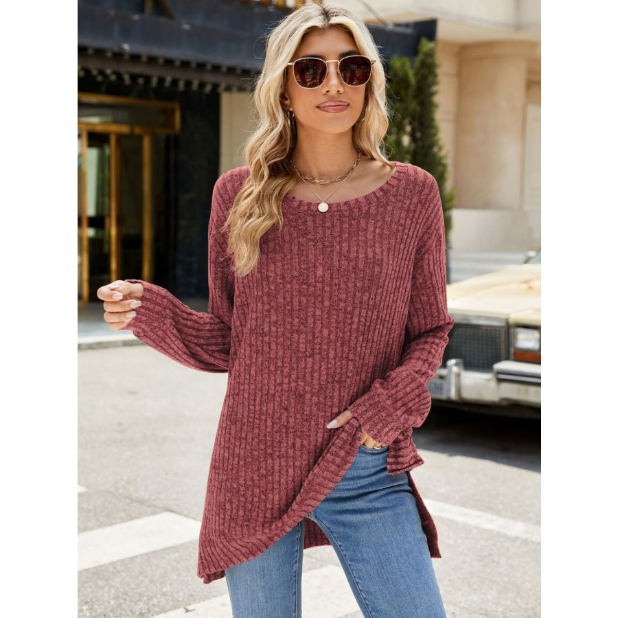 Round Neck Long Sleeve T-Shirt Burgundy / S Apparel and Accessories