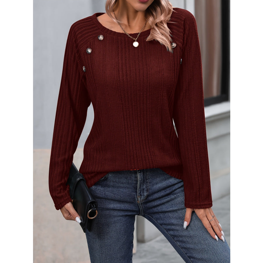 Round Neck Long Sleeve T-Shirt Burgundy / S Apparel and Accessories