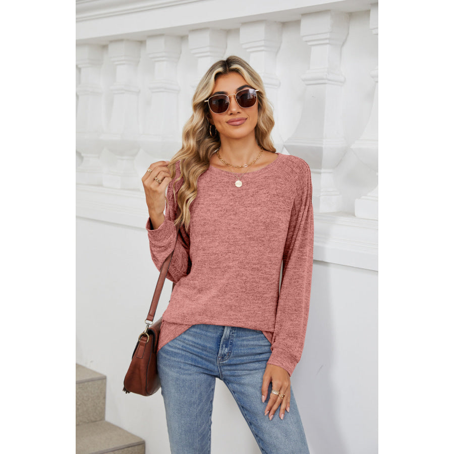 Round Neck Long Sleeve T-Shirt Burnt Coral / S Apparel and Accessories