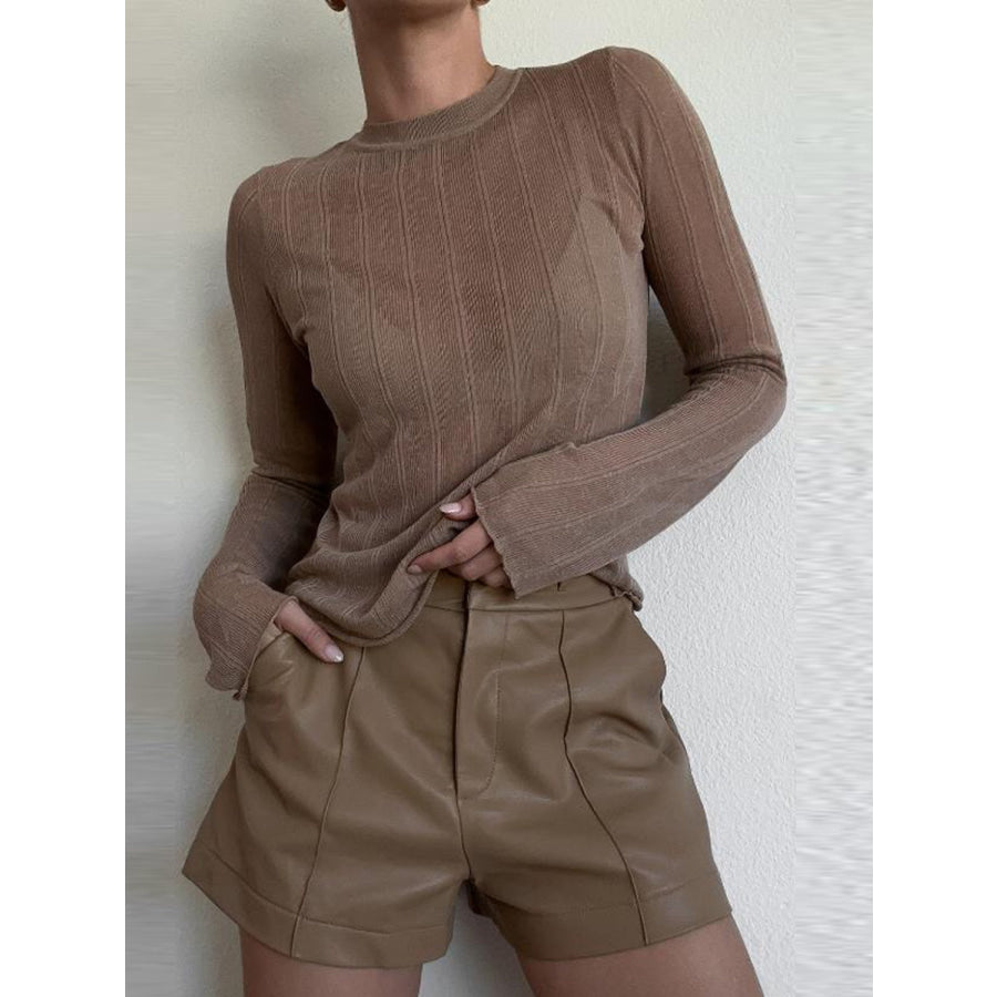 Round Neck Long Sleeve T-Shirt Coffee Brown / S Apparel and Accessories