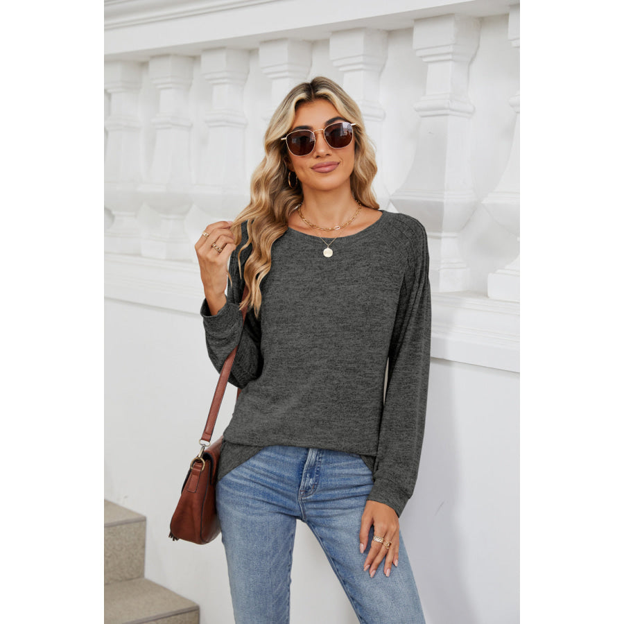Round Neck Long Sleeve T-Shirt Dark Gray / S Apparel and Accessories