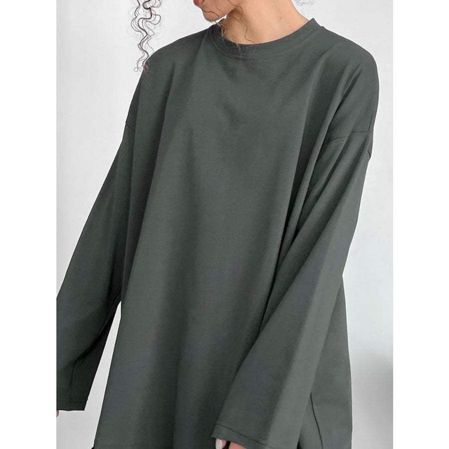 Round Neck Long Sleeve T-Shirt Dark Gray / S Apparel and Accessories