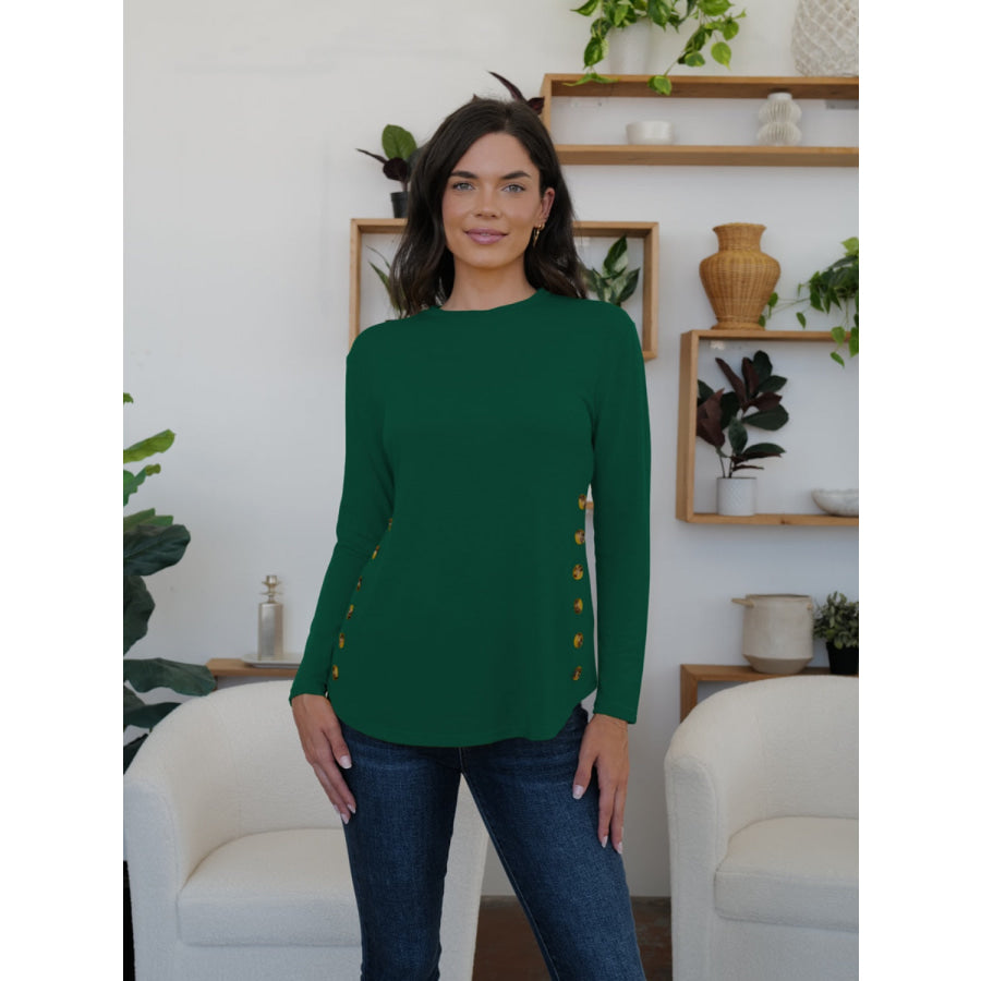 Round Neck Long Sleeve T-Shirt Dark Green / S Apparel and Accessories