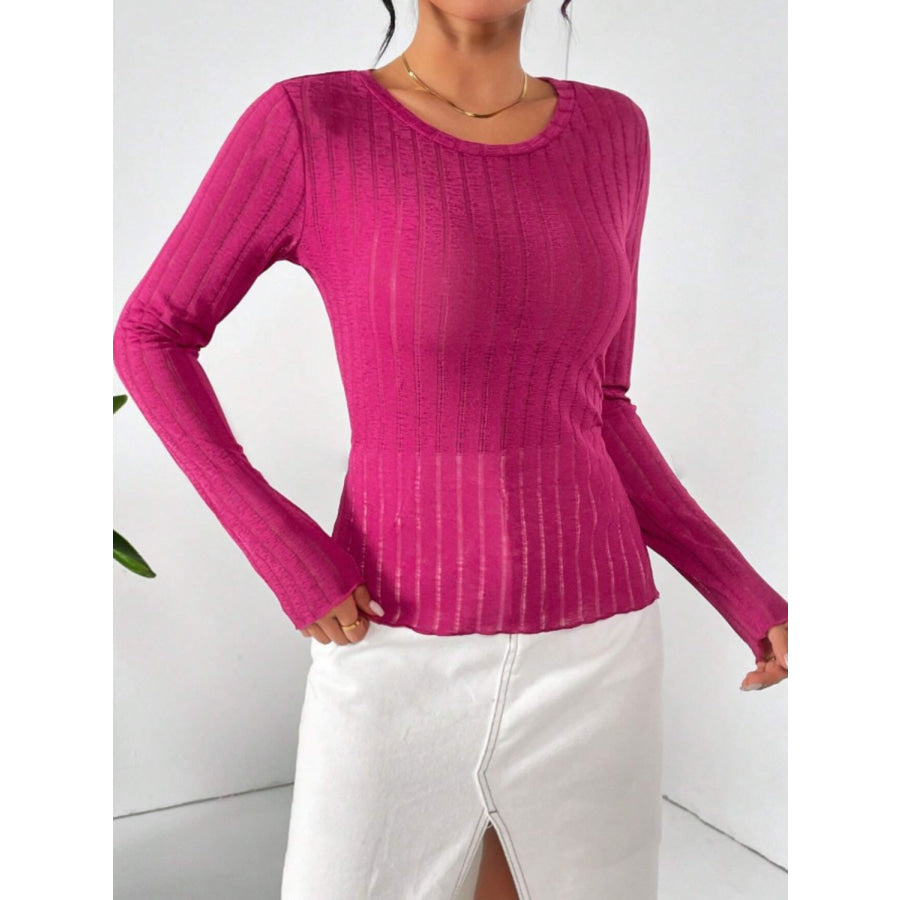 Round Neck Long Sleeve T-Shirt Deep Rose / S Apparel and Accessories