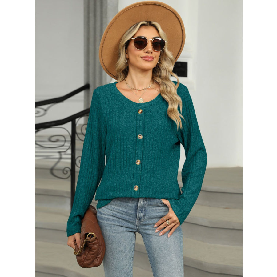 Round Neck Long Sleeve T-Shirt Deep Teal / S Apparel and Accessories