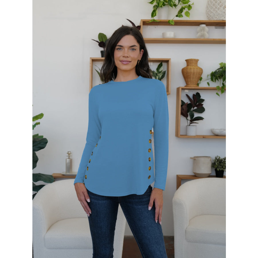 Round Neck Long Sleeve T-Shirt Dusty Blue / S Apparel and Accessories