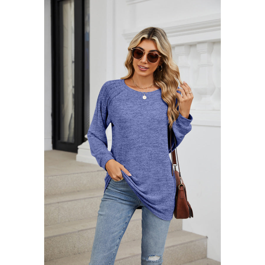 Round Neck Long Sleeve T-Shirt Dusty Blue / S Apparel and Accessories
