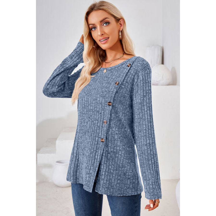 Round Neck Long Sleeve T - Shirt Dusty Blue / S Apparel and Accessories