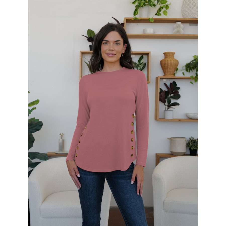 Round Neck Long Sleeve T-Shirt Dusty Pink / S Apparel and Accessories