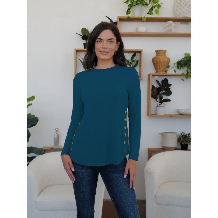 Round Neck Long Sleeve T-Shirt French Blue / S Apparel and Accessories