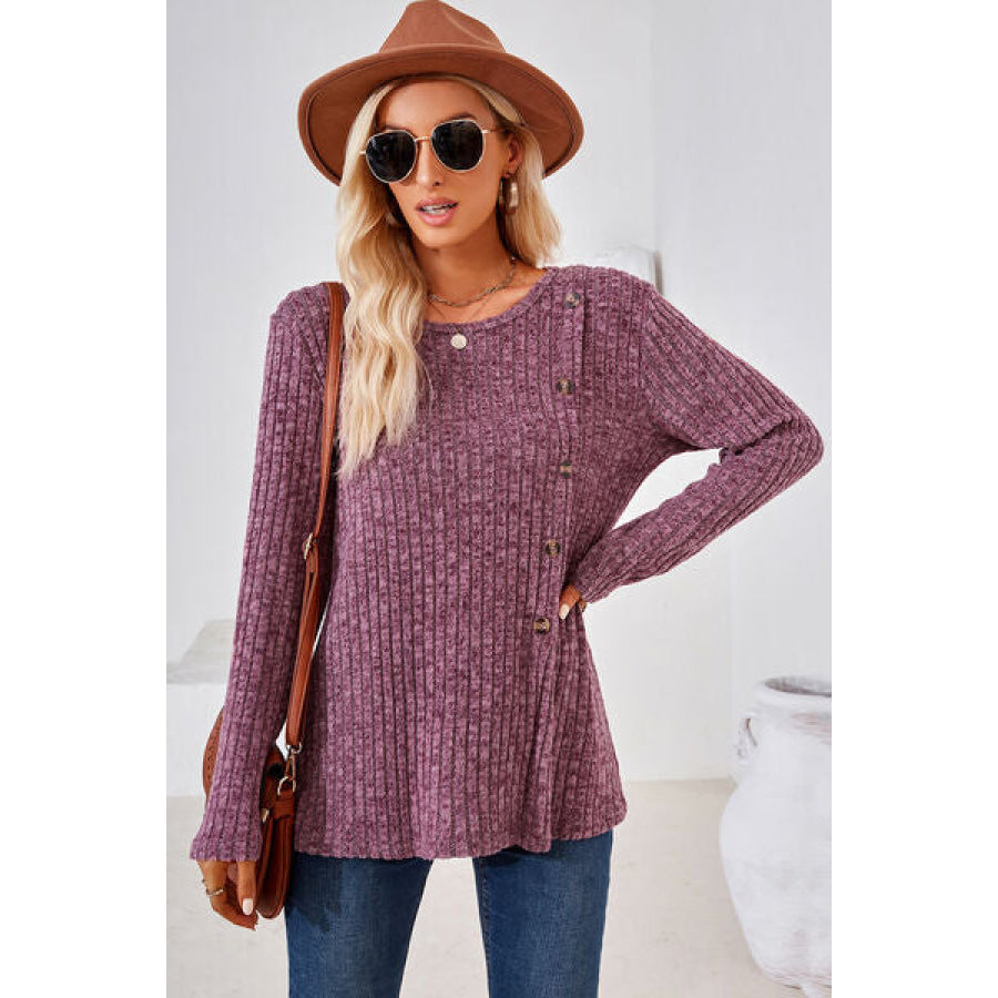Round Neck Long Sleeve T - Shirt Fuchsia / S Apparel and Accessories
