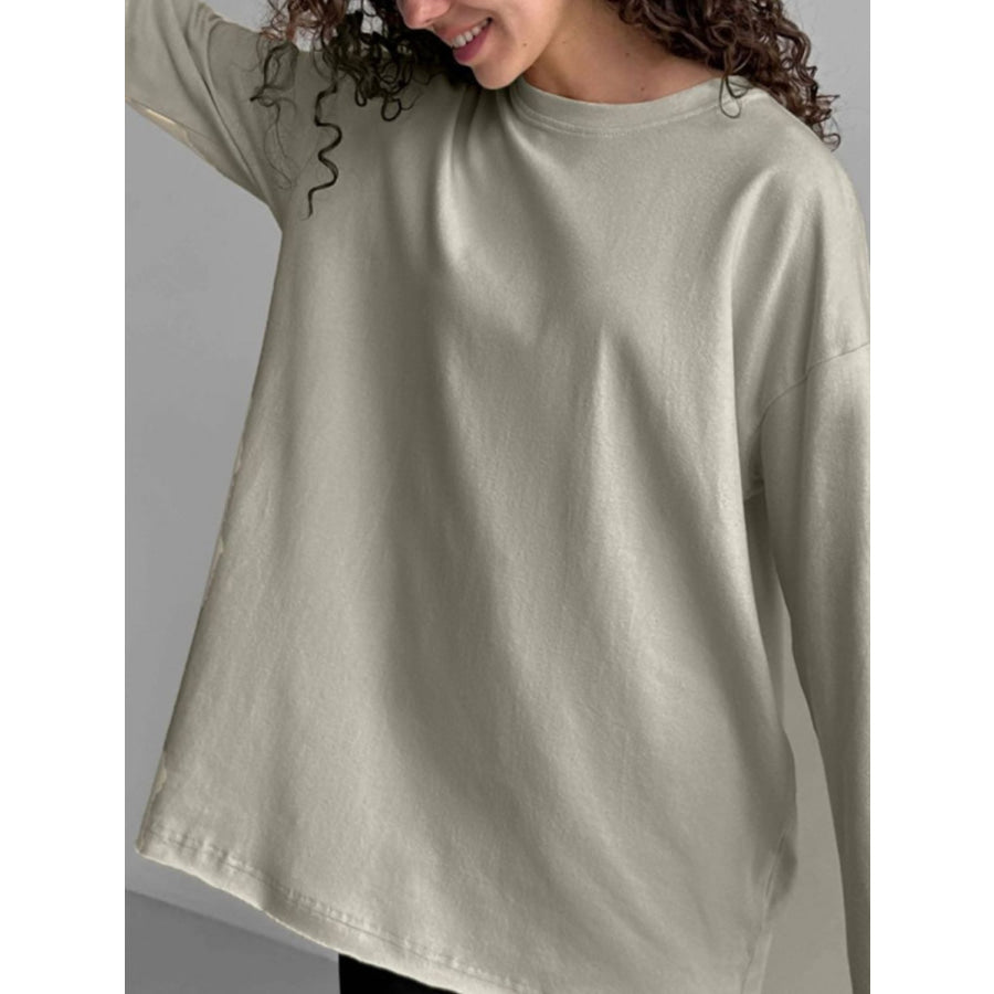 Round Neck Long Sleeve T-Shirt Khaki / S Apparel and Accessories