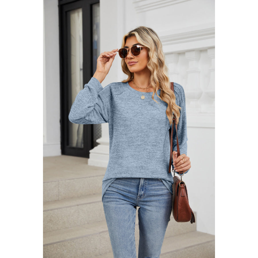 Round Neck Long Sleeve T-Shirt Light Blue / S Apparel and Accessories