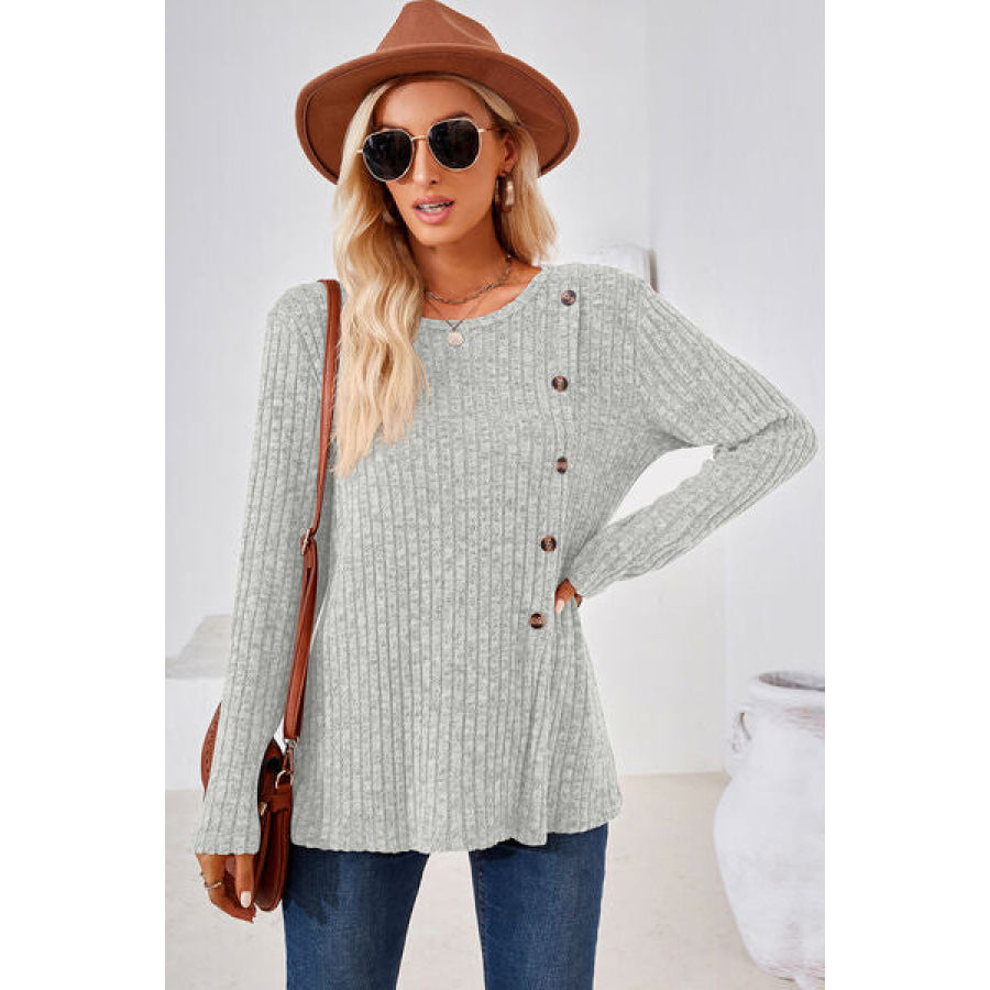 Round Neck Long Sleeve T - Shirt Light Gray / S Apparel and Accessories