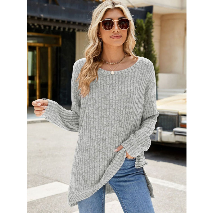 Round Neck Long Sleeve T-Shirt Light Gray / S Apparel and Accessories