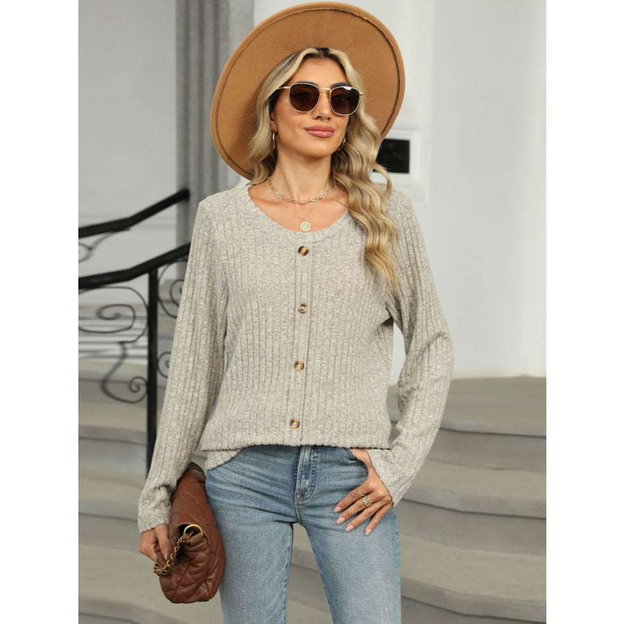 Round Neck Long Sleeve T-Shirt Light Gray / S Apparel and Accessories