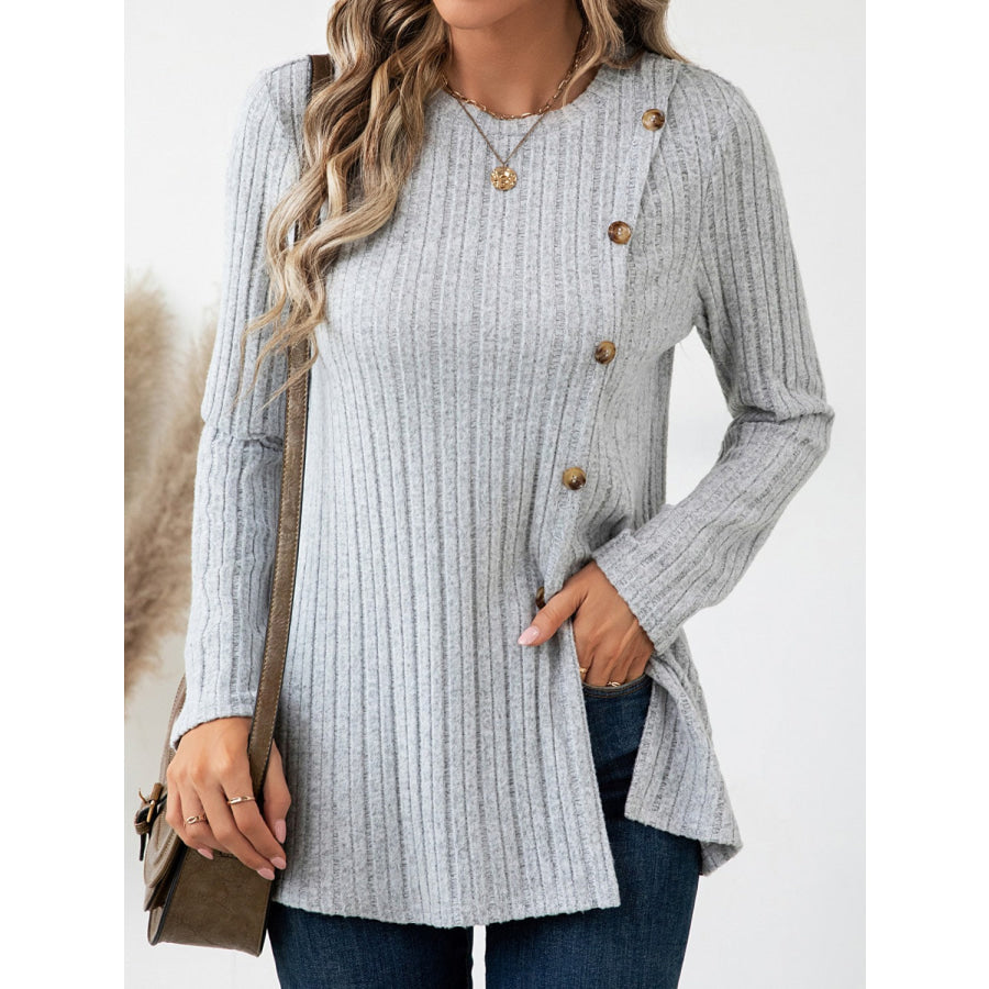 Round Neck Long Sleeve T-Shirt Light Gray / S Apparel and Accessories