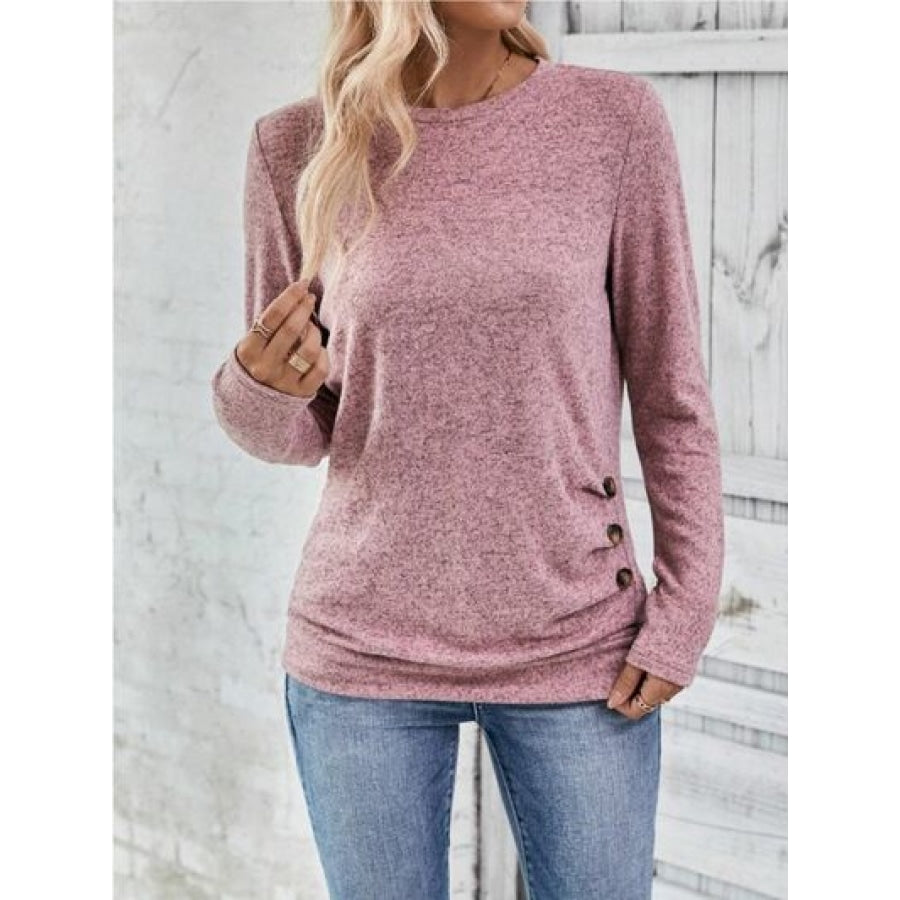 Round Neck Long Sleeve T-Shirt Light Mauve / S Clothing