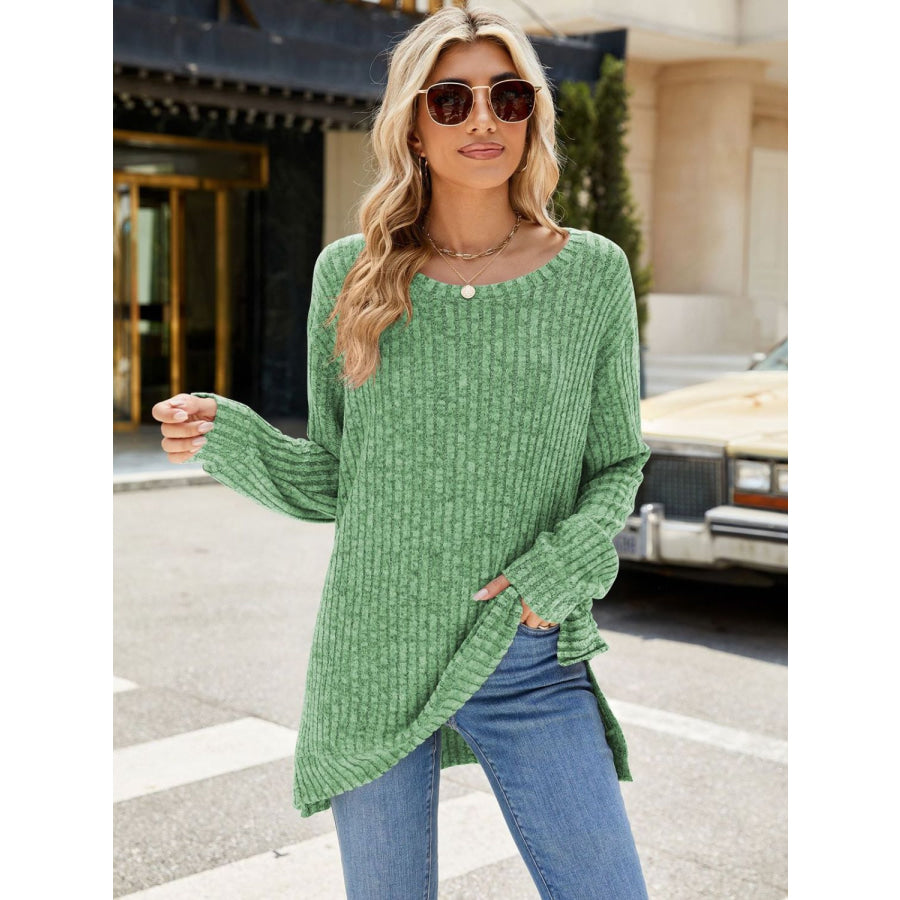 Round Neck Long Sleeve T-Shirt Matcha Green / S Apparel and Accessories