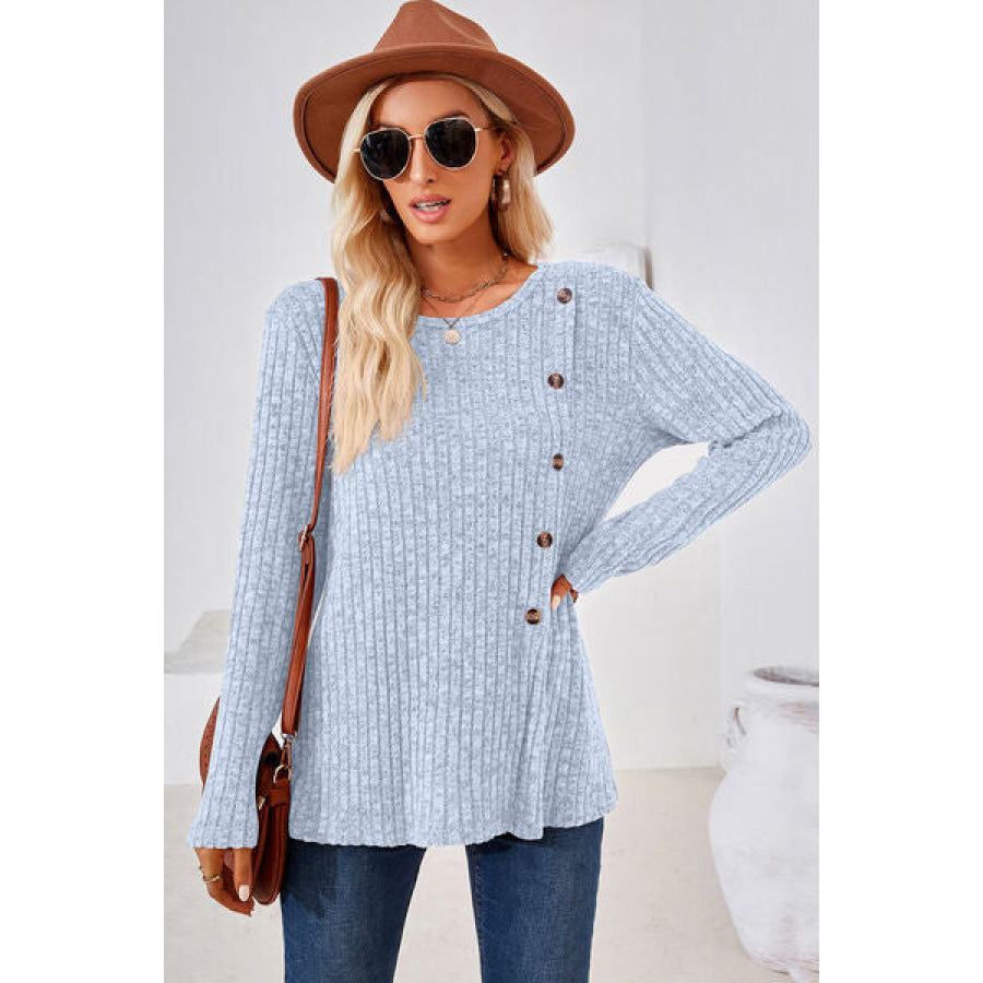 Round Neck Long Sleeve T - Shirt Misty Blue / S Apparel and Accessories
