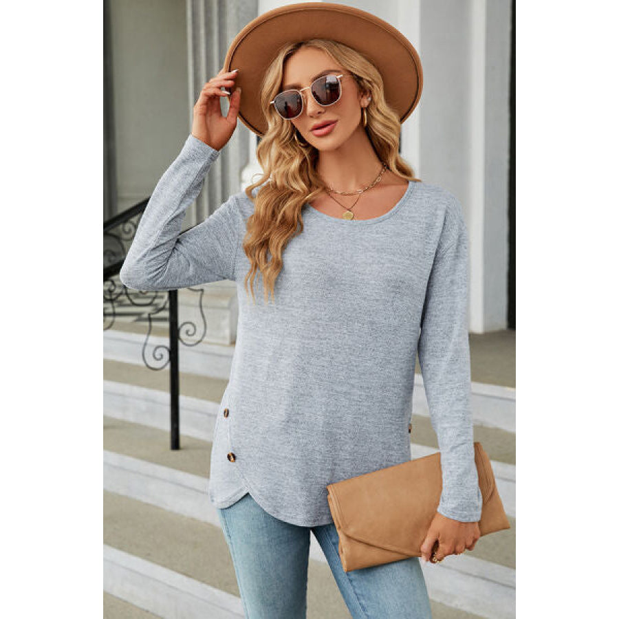 Round Neck Long Sleeve T - Shirt Misty Blue / S Apparel and Accessories
