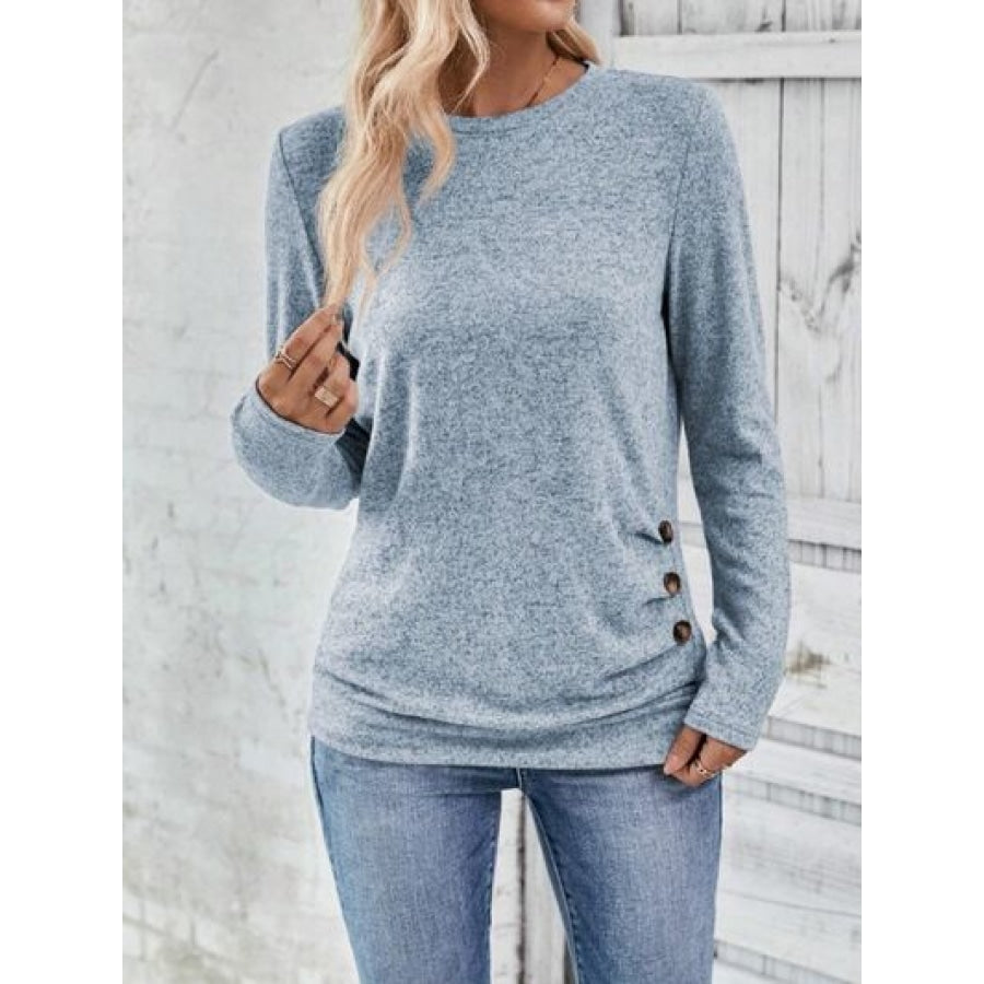 Round Neck Long Sleeve T-Shirt Misty Blue / S Clothing