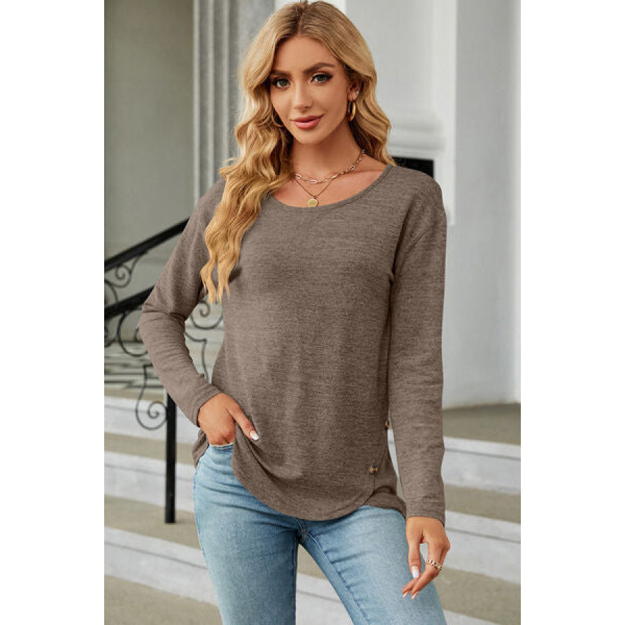 Round Neck Long Sleeve T - Shirt Mocha / S Apparel and Accessories