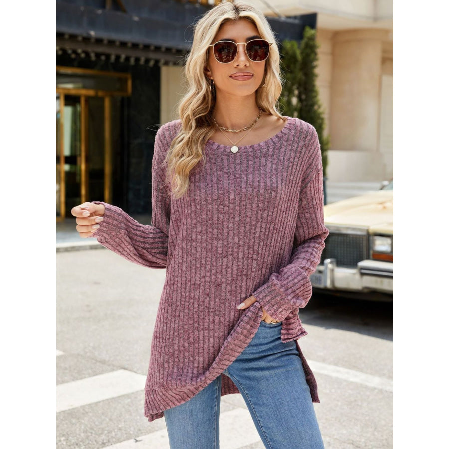 Round Neck Long Sleeve T-Shirt Moonlit Mauve / S Apparel and Accessories