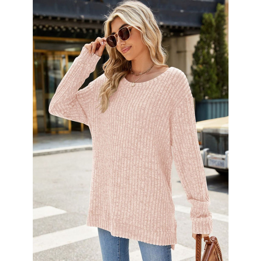 Round Neck Long Sleeve T-Shirt Pale Blush / S Apparel and Accessories