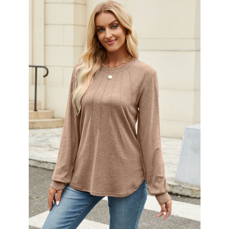 Round Neck Long Sleeve T-Shirt Tan / S Apparel and Accessories