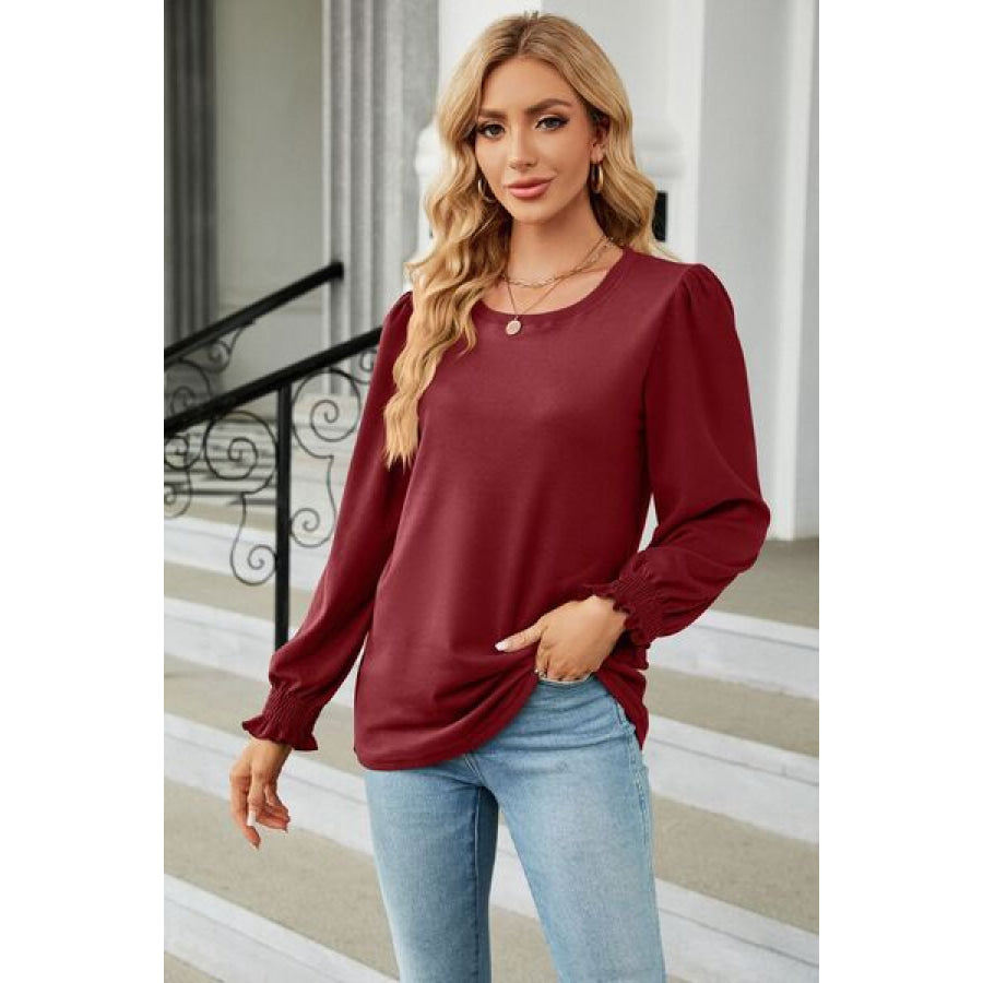 Round Neck Long Sleeve T - Shirt Wine / S Apparel and Accessories