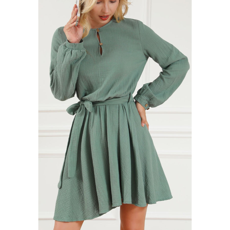 Round Neck Long Sleeve Tie Waist Dress Apparel and Accessories