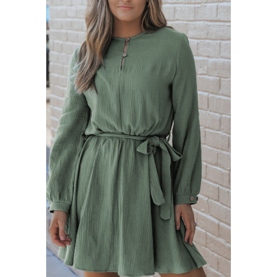 Round Neck Long Sleeve Tie Waist Dress Apparel and Accessories