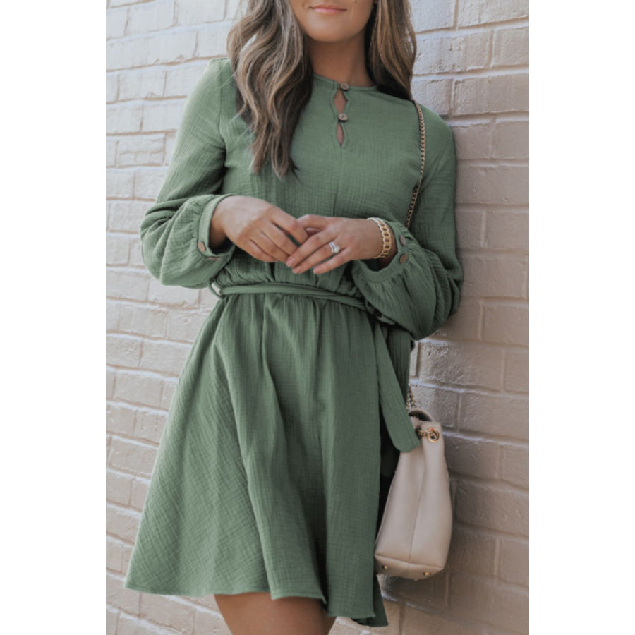 Round Neck Long Sleeve Tie Waist Dress Apparel and Accessories