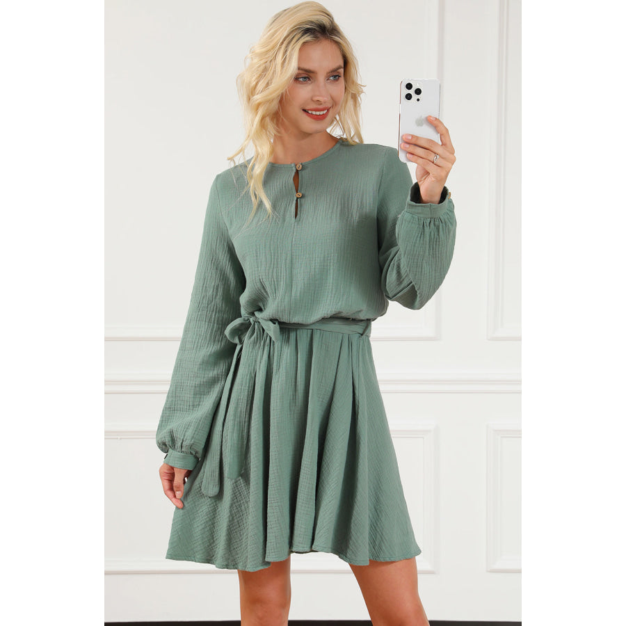 Round Neck Long Sleeve Tie Waist Dress Apparel and Accessories
