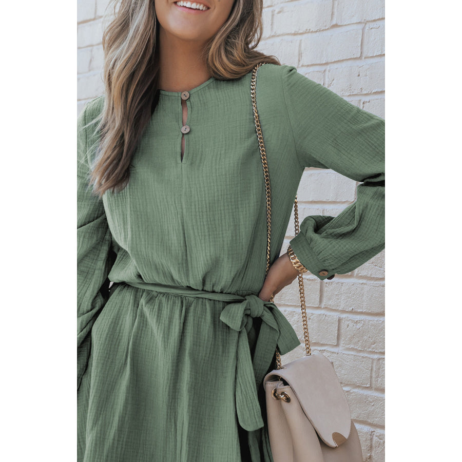 Round Neck Long Sleeve Tie Waist Dress Apparel and Accessories