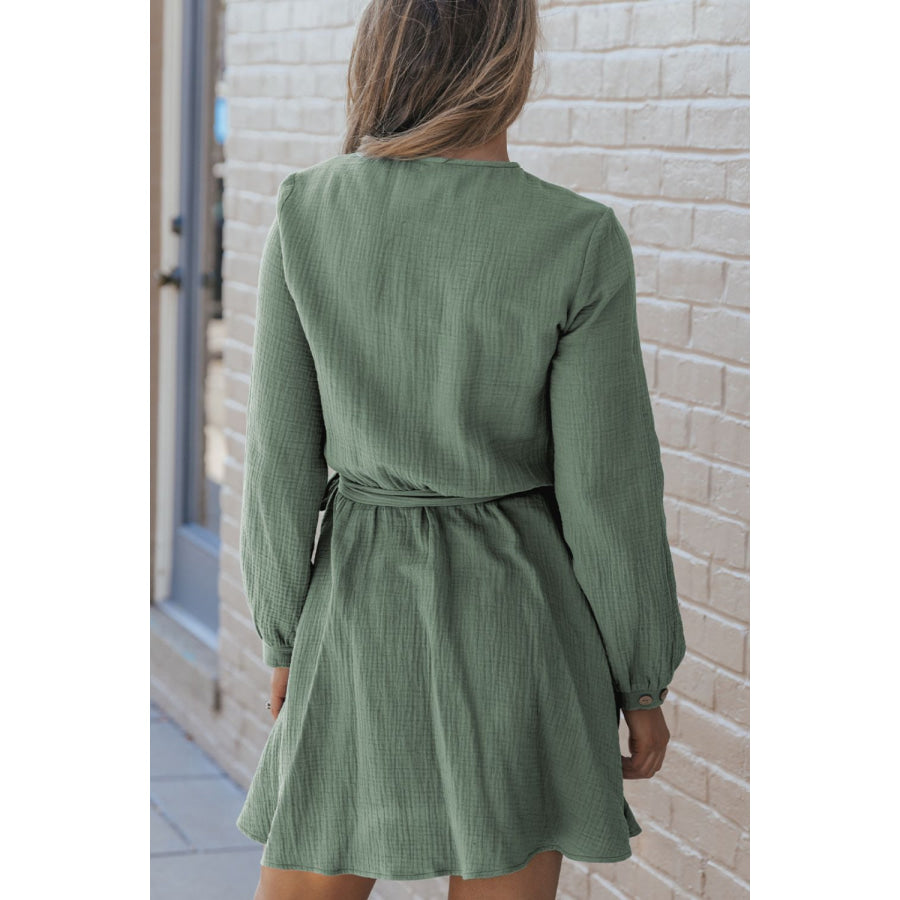Round Neck Long Sleeve Tie Waist Dress Apparel and Accessories