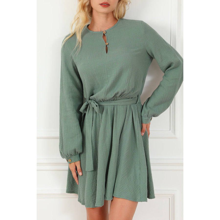 Round Neck Long Sleeve Tie Waist Dress Apparel and Accessories