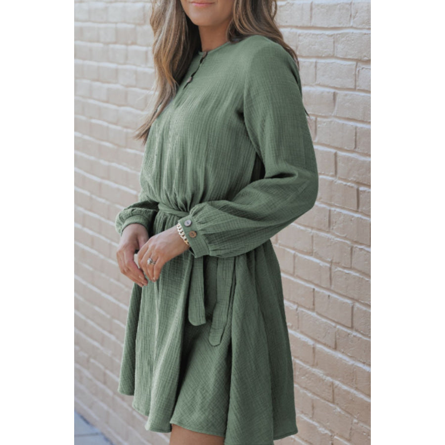 Round Neck Long Sleeve Tie Waist Dress Apparel and Accessories