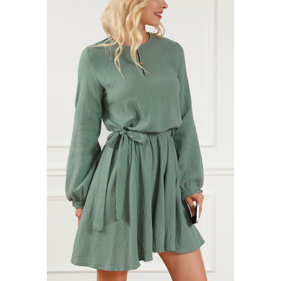 Round Neck Long Sleeve Tie Waist Dress Sage / S Apparel and Accessories