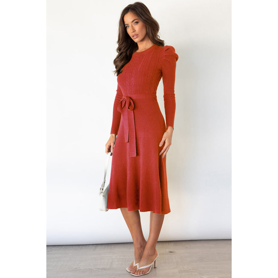 Round Neck Long Sleeve Tie Waist Sweater Dress Apparel and Accessories