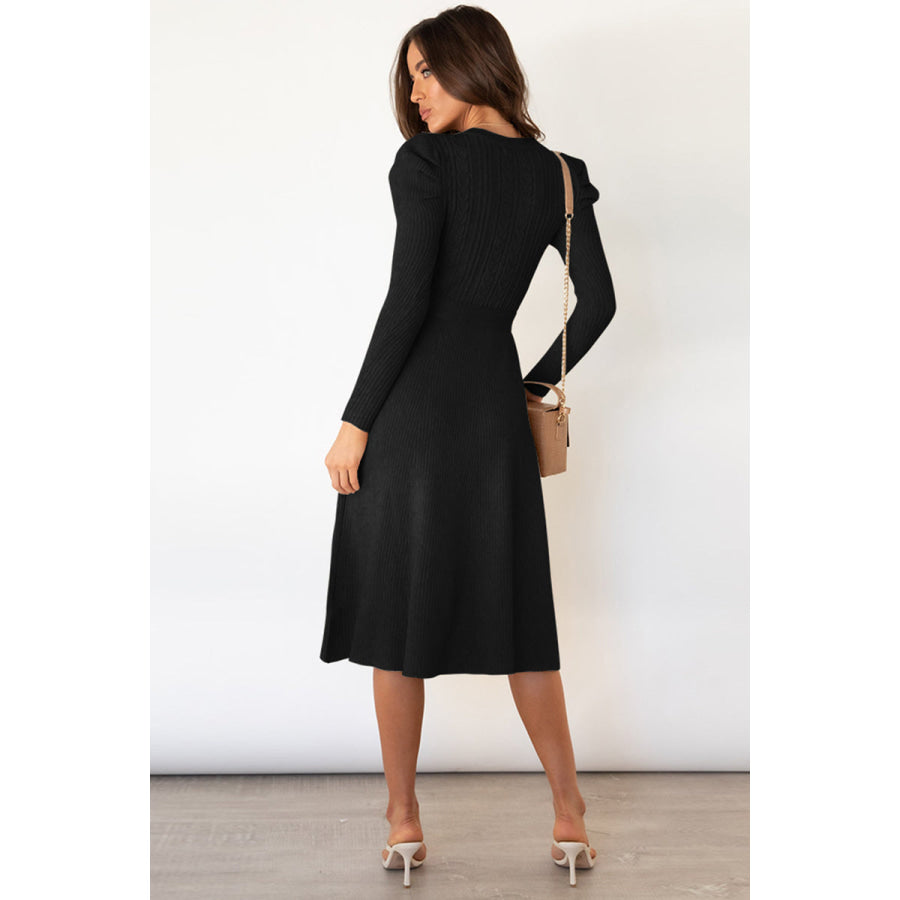 Round Neck Long Sleeve Tie Waist Sweater Dress Apparel and Accessories