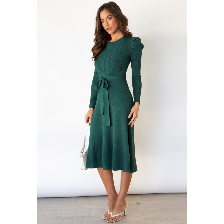 Round Neck Long Sleeve Tie Waist Sweater Dress Apparel and Accessories